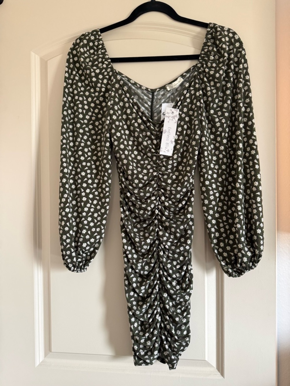 Ruched Olive Green Long-Sleeve Floral Dress